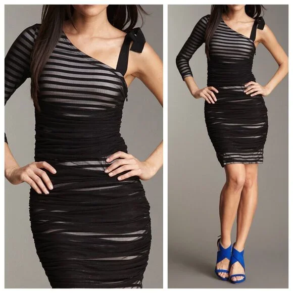 BCBGMaxAzria One Shoulder Striped Mesh Overlay Pencil Dress Black, size Medium - Picture 1 of 16